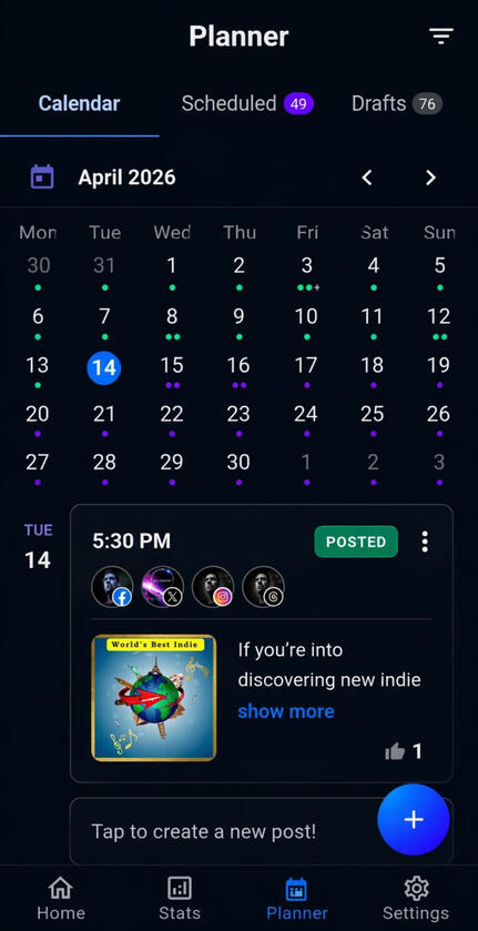 Scheduled playlist support planner Screenshot of content planner calendar with scheduled social media posts supporting playlists and music discovery communities.