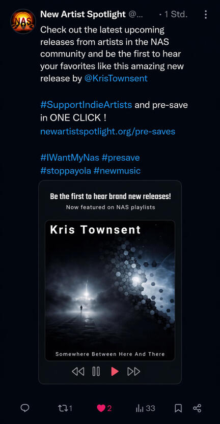 Featured by New Artist Spotlight Screenshot of New Artist Spotlight social media post featuring Kris Townsent and promoting a new release.
